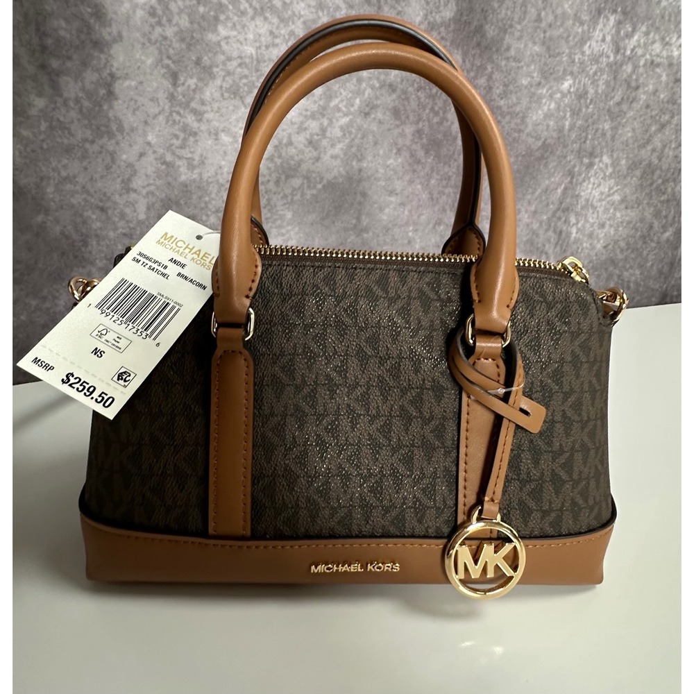 Michael Kors Andie Small Top Zip Satchel Brown Acorn Signature Logo Bag Small